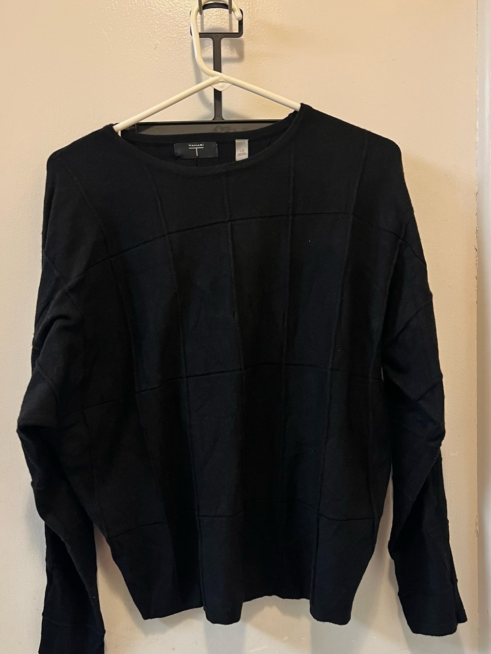 Tahari Black Crewneck Sweater with Grid Stitch